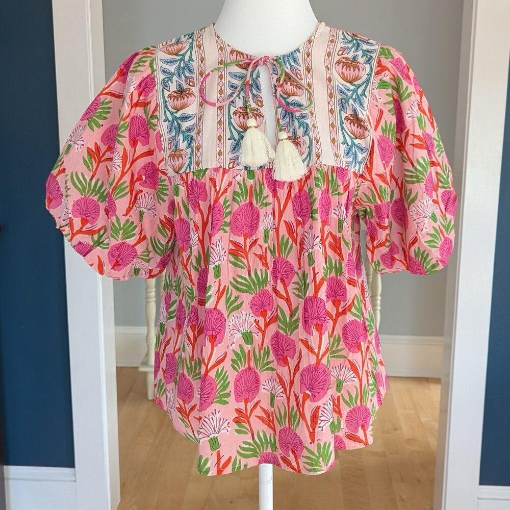 NWT THML Pink Floral Boho Peasant Top Medium - Picture 4 of 14